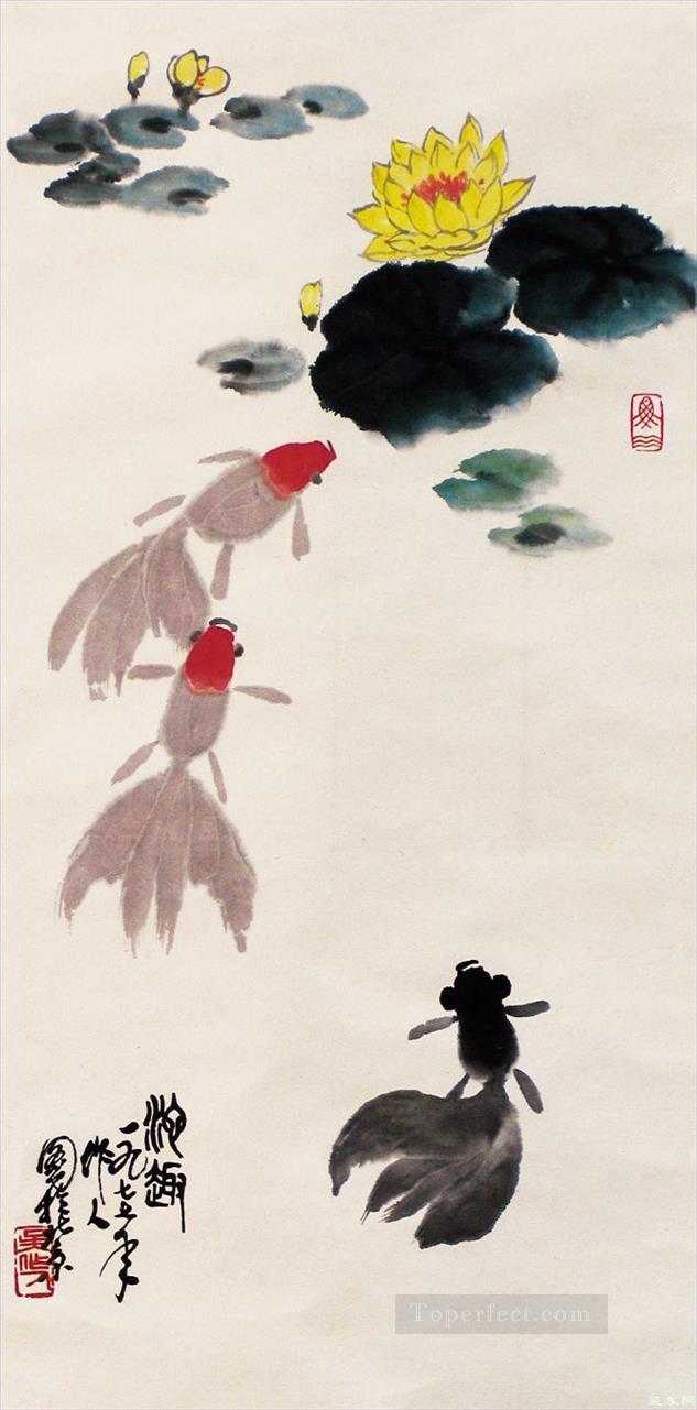 Wu Zuoren poissons rouges colorés Peintures à l'huile
